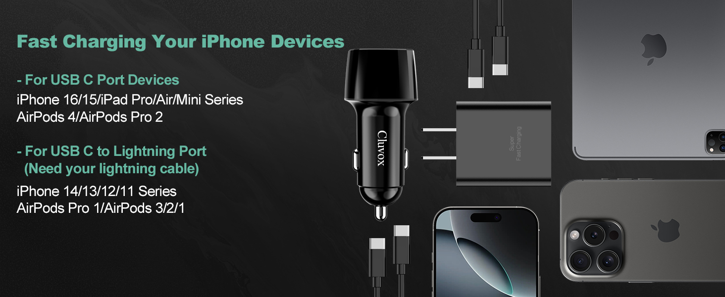 20W usb c car charger and 45W wall charger fast charge your iphone 16 in the car and home/travel