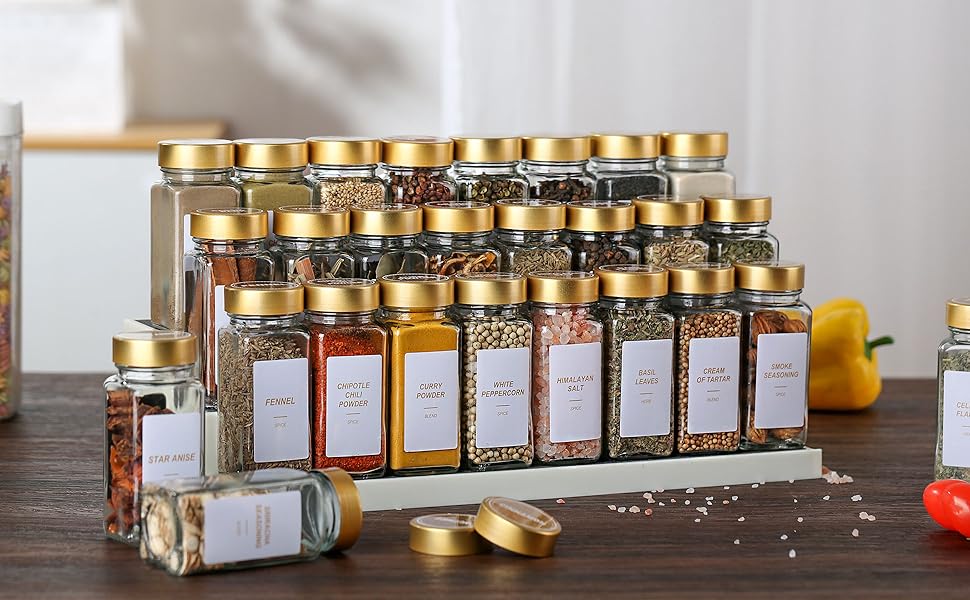 Gold spice jars with label