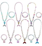 PinkSheep Mermaid Beaded Necklace Bracelets for Kids, Little Girl Mermaid Pearl Jewelry Sets, 6 P...
