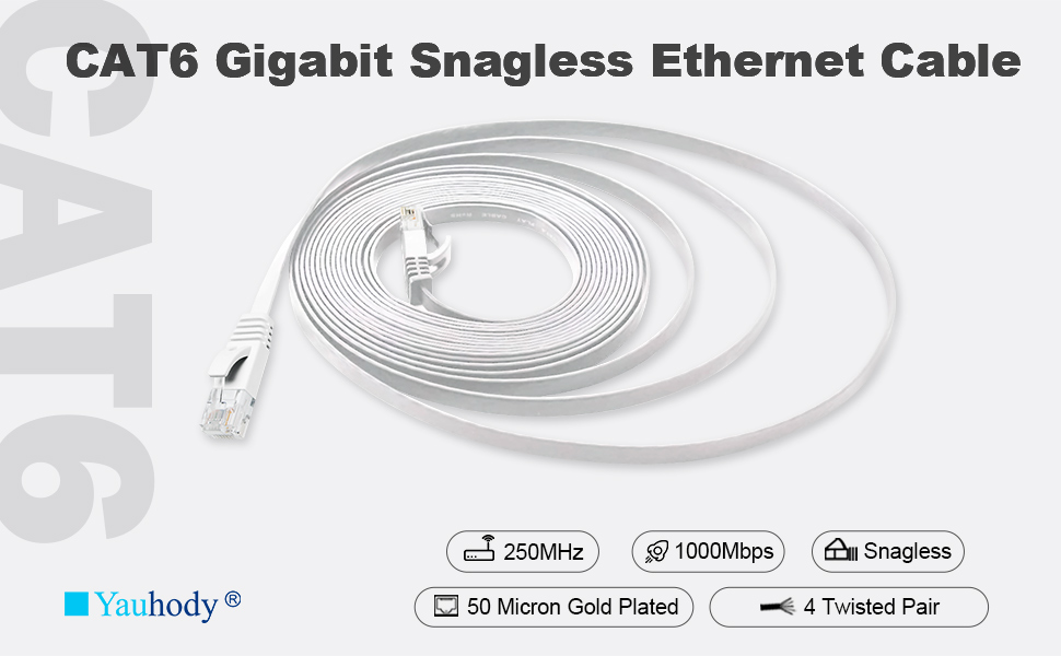 CAT6 Gigabit Snagless Ethernet Cable, white in color, coiled. Specifications: 250MHz, 1000Mbps, 50 Micron Gold Plated, 4 Twisted Pair.