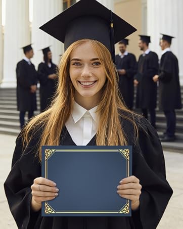 A smiling graduate holds a diploma cover, standing before classmates outside a classical building.