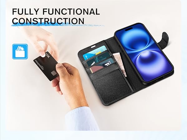 TUCCH Case Wallet for iPhone 16, [TPU Shockproof Shell], Kickstand PU Leather Stand Protective Cover