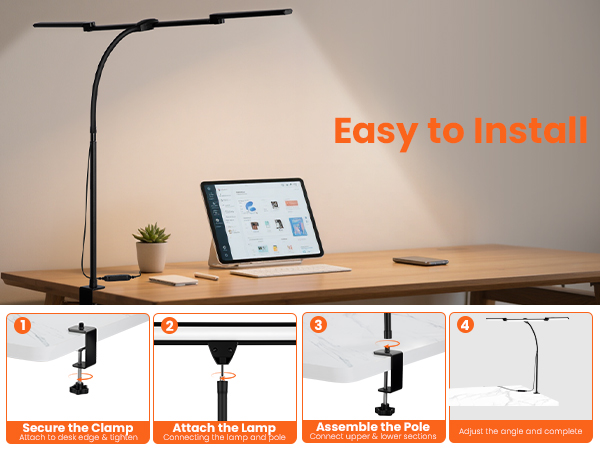 LED Desk Lamp for Office Home, Eye Caring Clip on Desk Light with Clamp