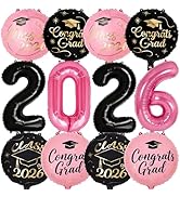 PartyWoo Graduation Balloons Class of 2026 Black Pink Gold 12pcs Balloons 40 Inch 2026 Foil Numbe...