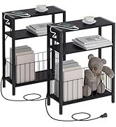 TRIFEBLE Narrow Side Table with Charging Station Set of 2, Small End Table for Small Spaces, Slim...