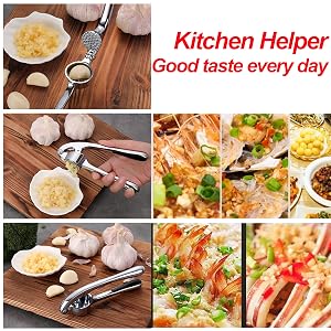 Text reads 'Kitchen Helper Good taste every day'. Collage showing cooking scenes with garlic press, prepared dishes, and food preparation steps.