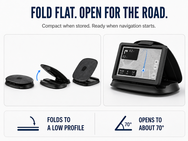 Foldable dash phone stand with 70° support, compact GPS mount, soft pad and deep front groove