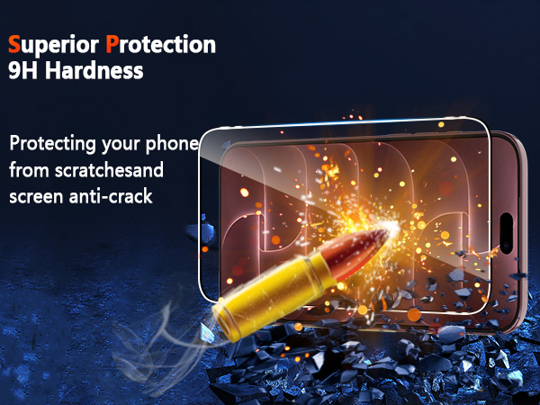 Text reads 'Superior Protection 9H Hardness' and 'Protecting your phone from scratches and screen anti-crack'. Smartphone displaying glowing projectile impact graphic on dark blue background.