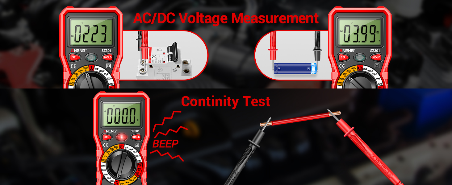 ANENG multimeter demonstrating AC/DC voltage measurement on a circuit breaker and battery