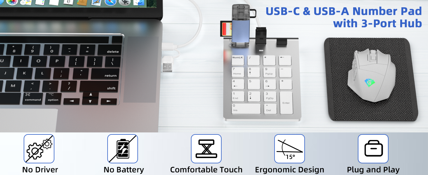 Hub USB-C &amp;amp; USB-A Number Pad with 3-Port