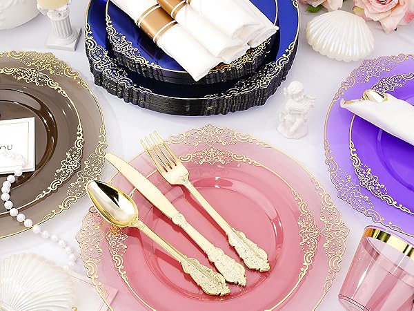 Purple and gold dinnerware set