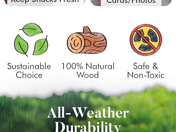 Text reads 'Sustainable', '100% Natural', 'Safe &amp; Non-Toxic'. Icons showing leaf, wood grain, and safety symbols on green natural background.