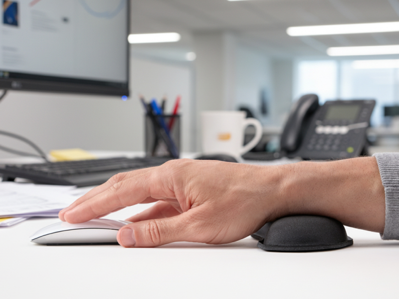 hand on wrist rest for computer keyboard