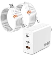 100W USB C Charger Block, 3-Port GaN Fast Wall Charger with 2 Cables [C-C &amp; A-C], Travel Essentia...