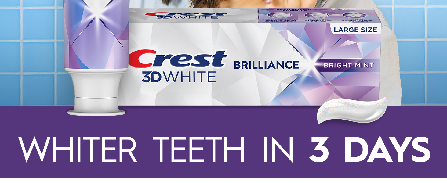 Happy woman brushing her teeth with Crest 3DWhite. Whiter Teeth in 3 Days.