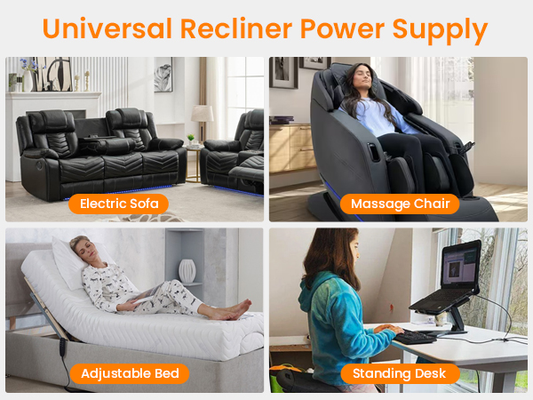 2-Pin Power Adapter with Extension Cord for Lift Chair, Recliner Sofa, Recliner Couch