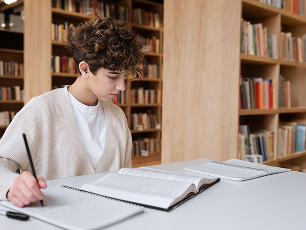Study environment scene showing someone reading at a desk in a library with bookshelves in the background.