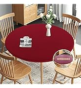 Obstal Fitted Round Red Table Cloth, Reversible Waterproof Stain Resistant Elastic Stretch Tablec...