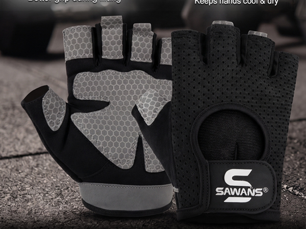 Text reads 'SAWANS'. Half-finger fingerless gloves with black and gray mesh construction, padded palm, and open finger design for athletic or training use.