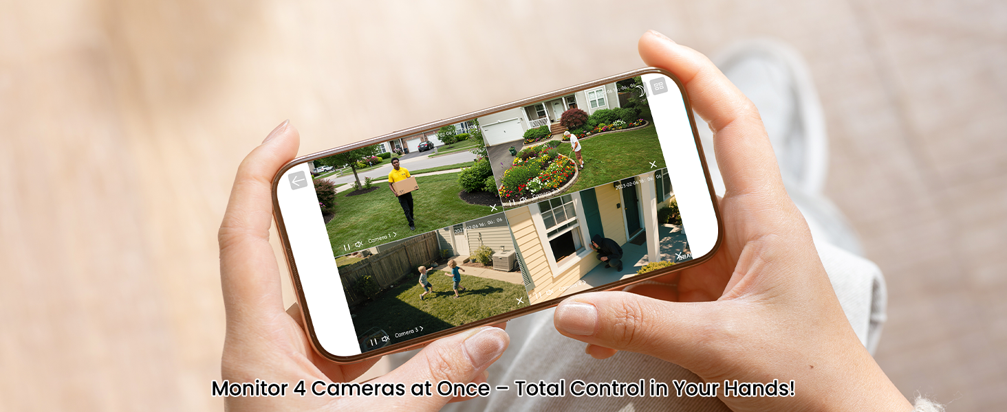 Use the quad-screen feature to simultaneously view live feed from multiple AOQEE Y8 cameras