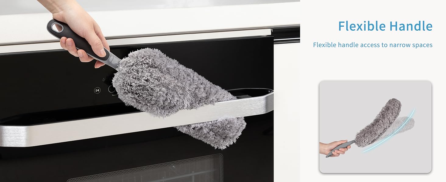 Grey cleaning brush with flexible handle shown cleaning a dark surface, with product detail image displaying the brush's bendable design.