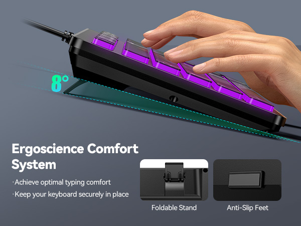 Text reads 'Ergoscience Comfort System'. Product demonstration showing keyboard stand with foldable support and anti-slip feet features, highlighted with purple accents.