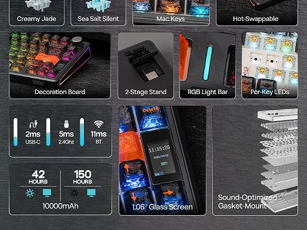 Text shows 'Creamy Jade', 'Mini Pool', 'Hot Spring/Ice'. Product interface displaying multiple modes with illuminated blue lighting effects and technical specifications including '42mins' and '10000mAh'.