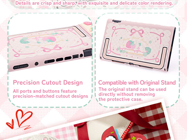 Text reads: 'Details are crisp and sharp with exquisite color rendering', 'Precision Cutout Design', 'Compatible with Original Stand'. Product detail images with pink decorative elements.
