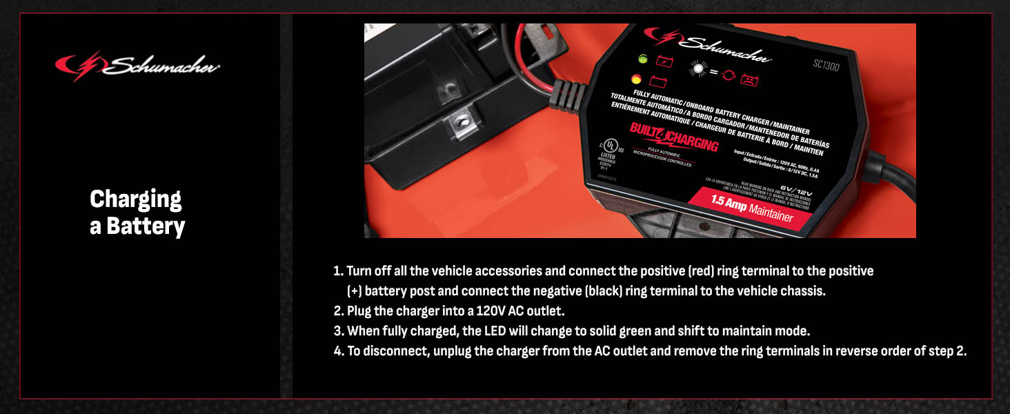 How to use the SC1300 car battery charger and maintainer to charge an automobile battery.