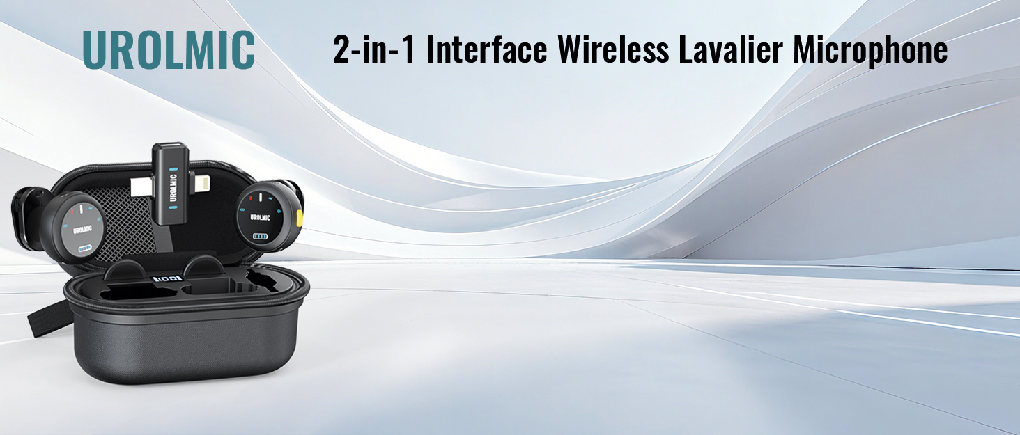 Text reads 'UROLMIC Z-in-1 Interface Wireless Lavalier Microphone'. Product shown is a wireless lavalier microphone system with charging case and accessories against blue-white background.