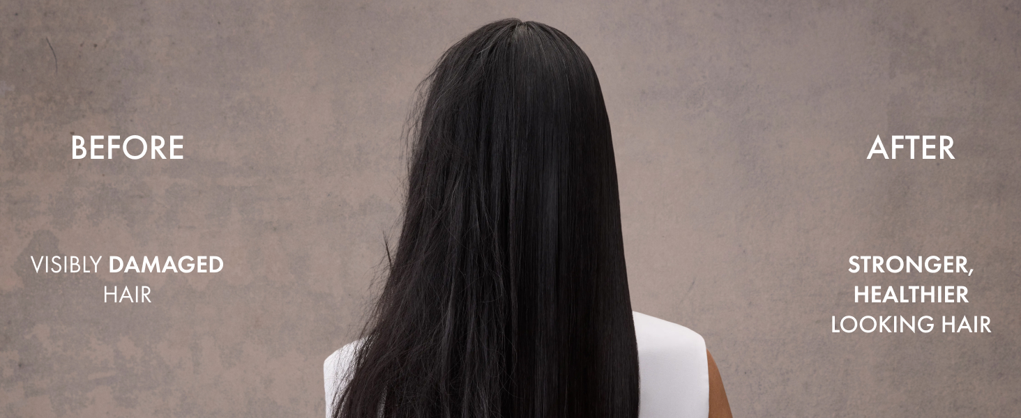 Backshot of woman&amp;#39;s straight hair split in half showing how it goes from damaged to stronger.