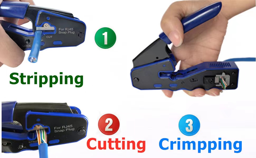 All-in-One Pass-Through and Standard rj45 Cat5/ Cat6 Crimper / Cutter / Stripper: 