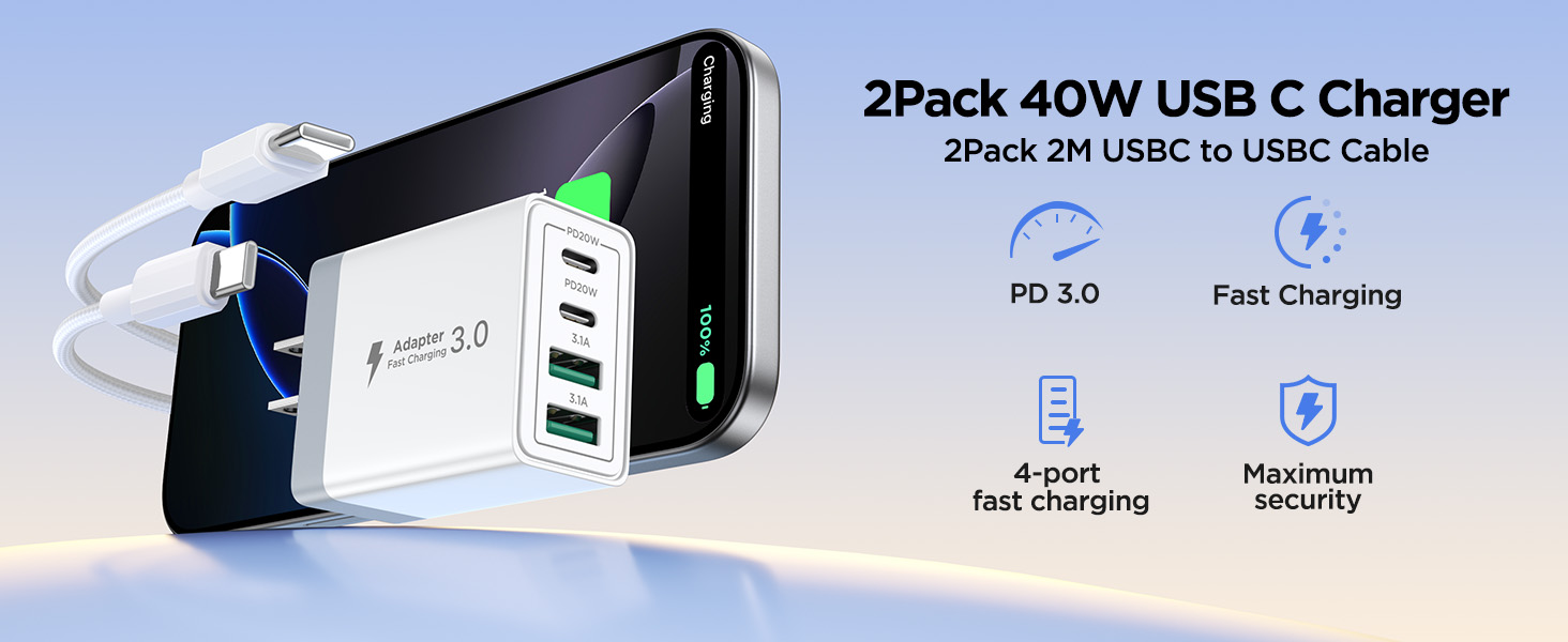 USB C Charger 40W 4-Port Fast Charging Block