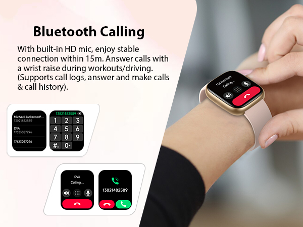 Text reads 'Bluetooth Calling'. Series of interface screenshots showing smartphone calling features and notifications on dark backgrounds.