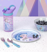 Disney Frozen 2 dinnerware set with plate, bowl, water bottle, flatware; featuring Elsa