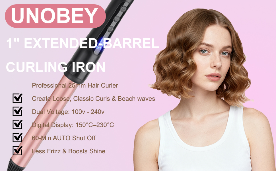 Text reads 'UNOBEY', 'ELECTRIC CURLING IRON' with product specifications including temperature range 120-230°C, 45 minutes timer, dual voltage. Woman with wavy hairstyle modeling curled hair results with checkmark feature list below.