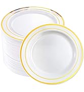 bUCLA 100Pieces Gold Plastic Plates-7.5inch White and Gold Disposable Salad/Dessert Plates - Idea...