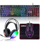 Gaming Keyboard Mouse Mousepad and Headset with mic Combo All in One USB Wired RGB Backlit Rainbo...