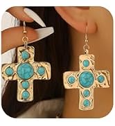 Cross Turquoise Earrings for Women Chunky Gold Silver Hammered Western Drop | Trendy Thick Gold C...