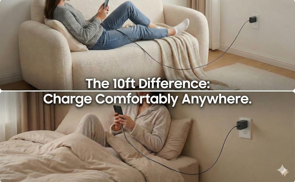 Extra long 10ft USB-C to USB-C charging cable reaching from wall to bed for comfortable phone use.