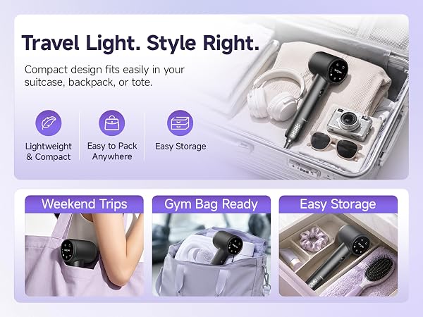 Compact hair dryer for suitcase, gym bag, and easy storage