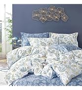 LEMIROE Vintage Botanical Cotton Comforter Queen Size 3PC - Lavish Floral on Bluish White with Fr...