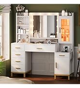 UPOSOJA 49.2'' White Large Vanity Desk with Lighted Mirror,Charging Station,6 Drawers and RGB Cab...