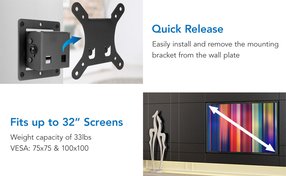 Quick release install remove bracket wall plate 32" screen tv size vesa 75x75 100x100
