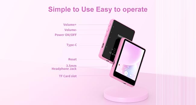 Pink electronic device with touchscreen display, shown on a circular stand. Features volume controls, power button, Type-C port, reset button, headphone jack, and TF card slot.