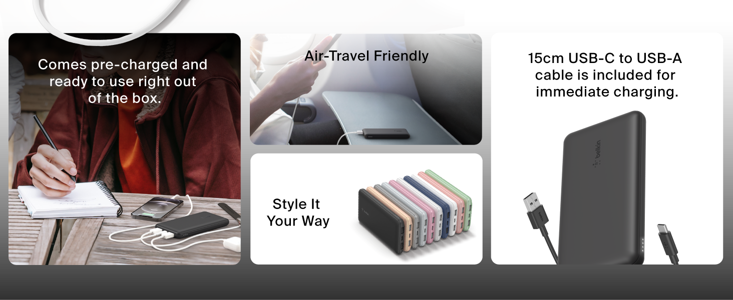 Image of power bank used in multiple places with text reading air travel friendly.
