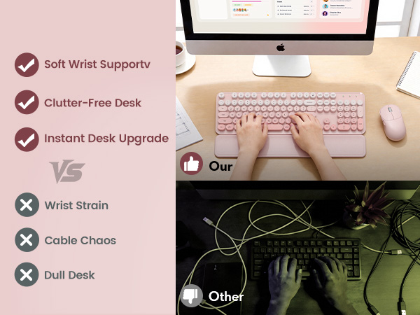 typing on wireless keyboard mouse with wrist rest clean desk setup compared to messy wired keyboard