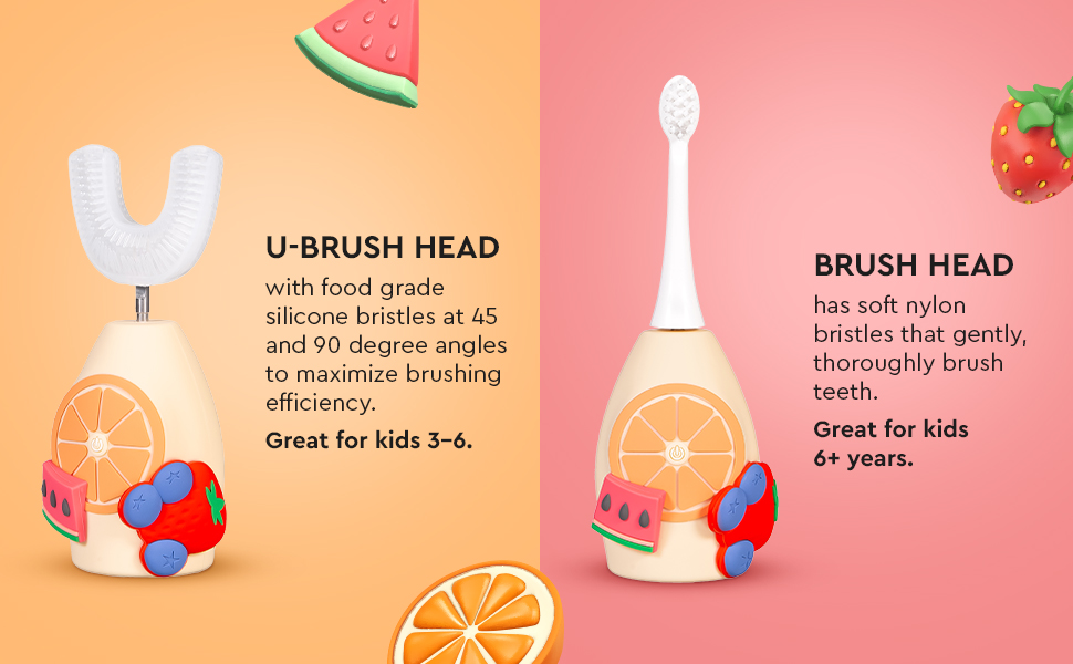 Colorful kids toothbrush with U-shaped and normal heads.