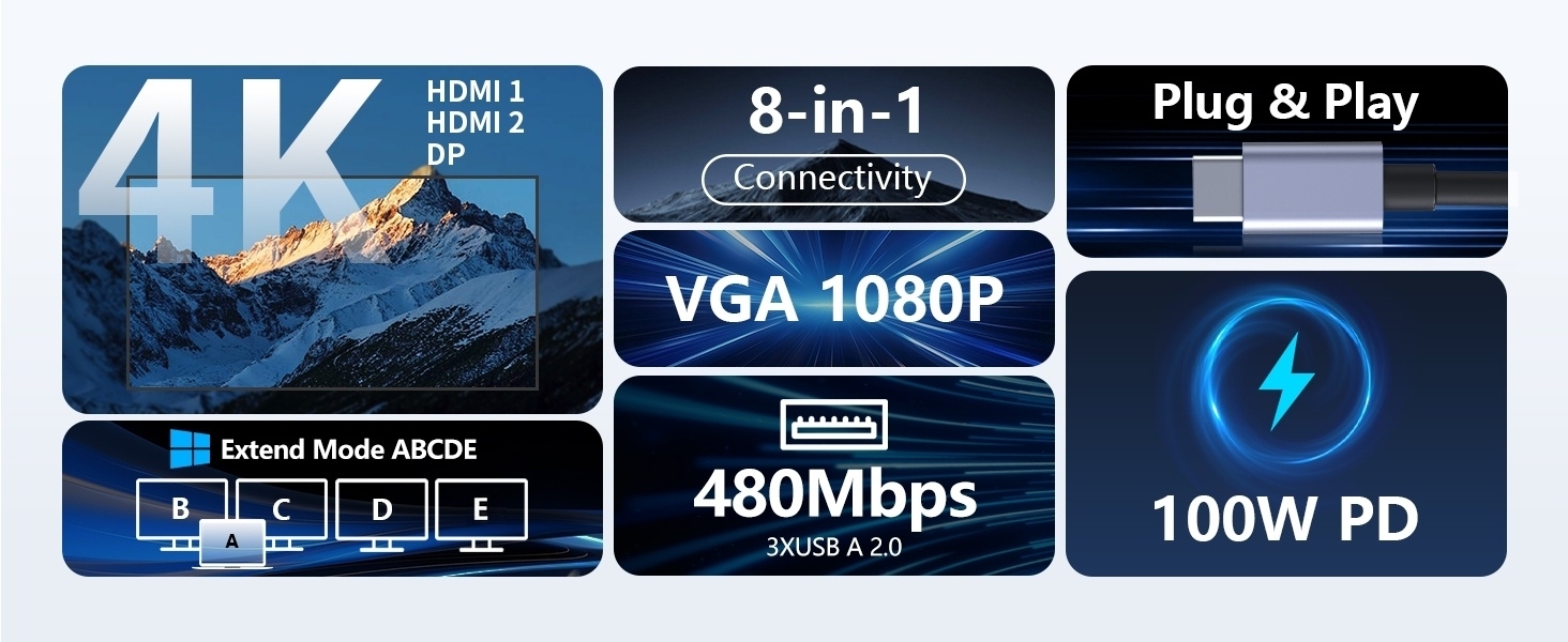 usb c docking station 3 Monitors Adapter with 2x HDMI 4K,Displayport,VGA,100W PD Charging