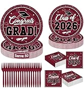 QZYL 200Pcs Graduation Supplies Set, Burgundy Graduation Plates, Napkins, Dessert Plates and Plas...